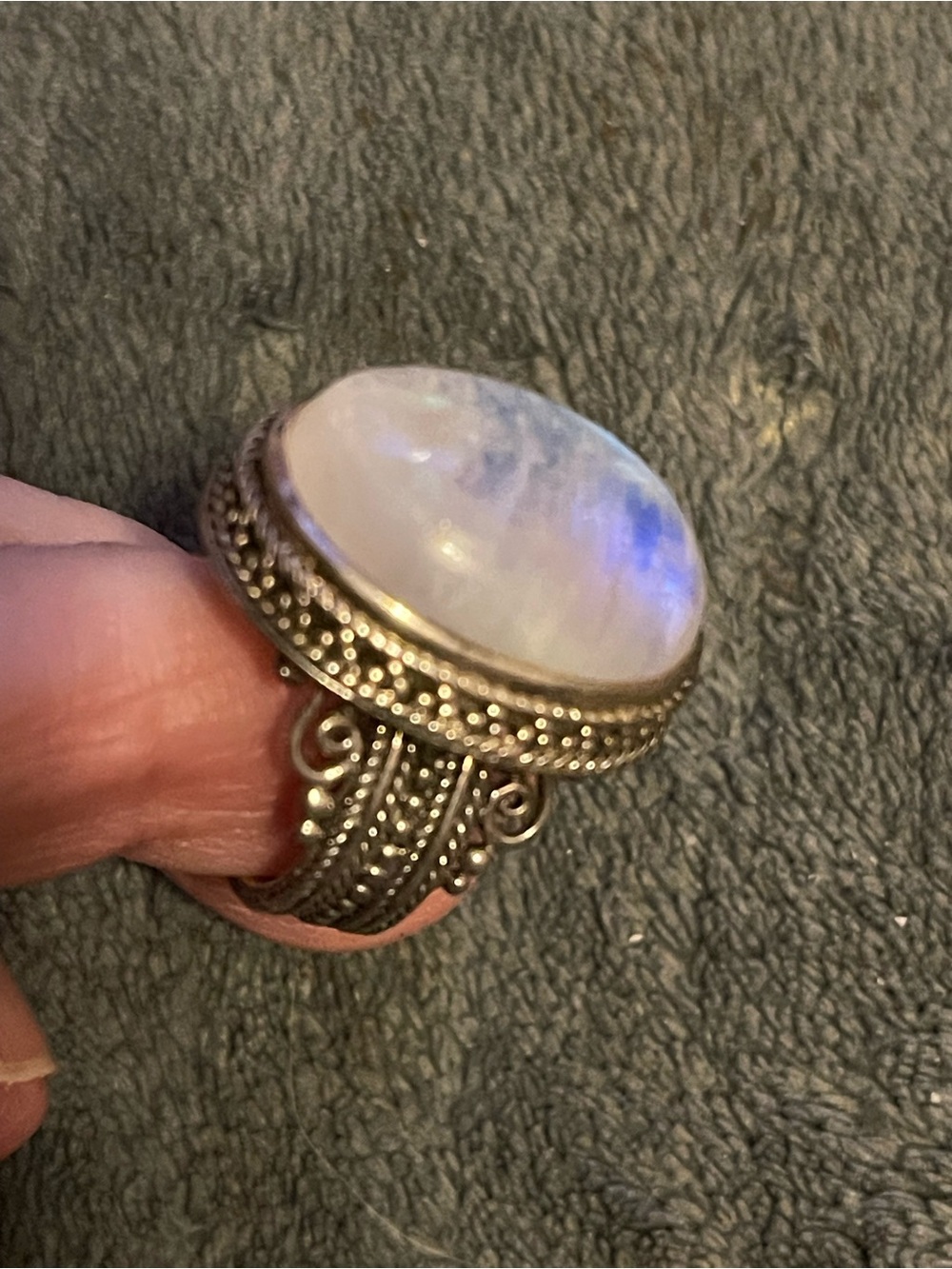 Handmade Moonstone Filigree Statement Ring in Iridescent White